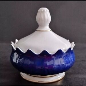 Porcelain Navy Blue/White Trinket Dish w/ Lid Scalloped Edge Spain Capeans